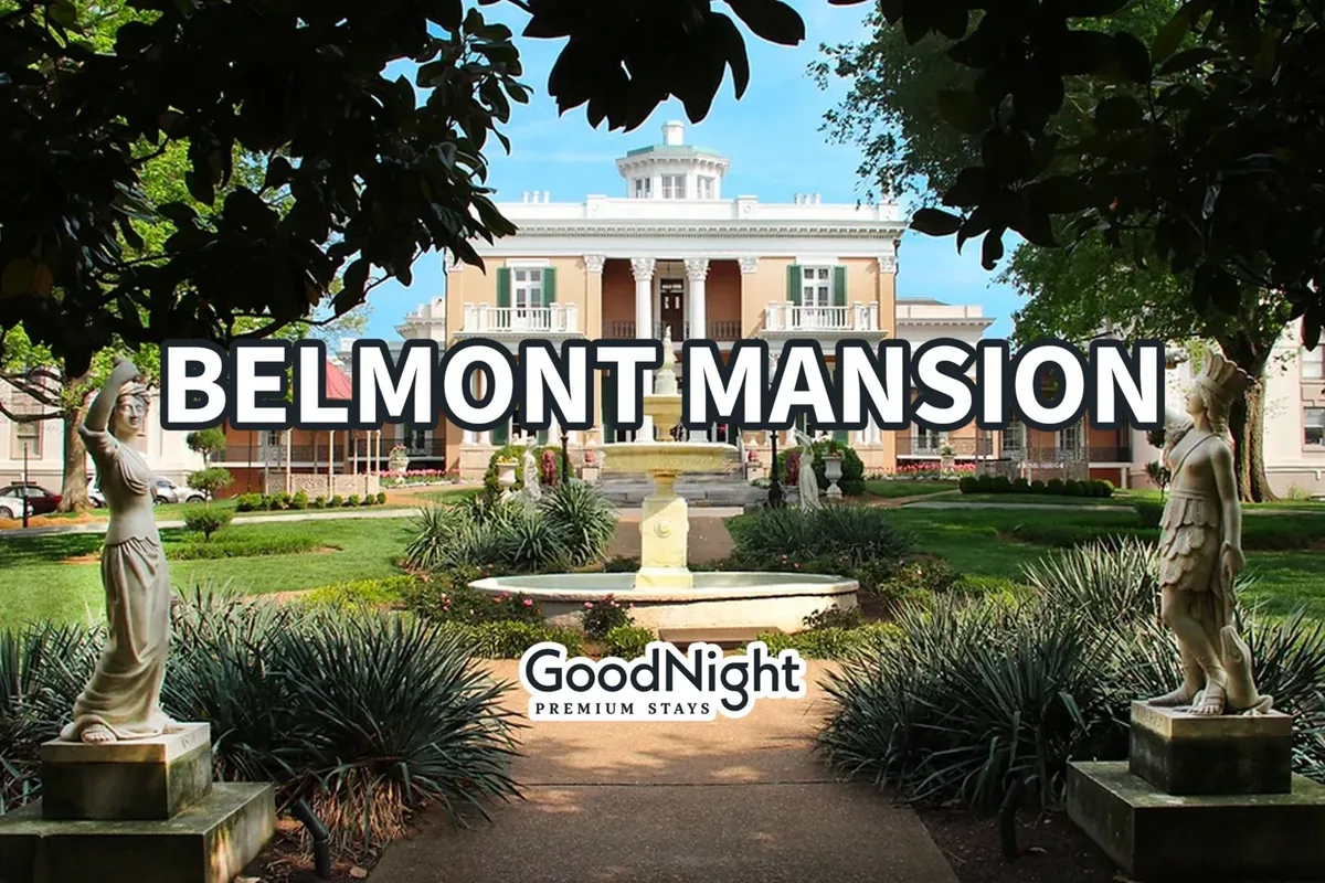 A stately exterior shot of Belmont Mansion with a beautiful landscaped garden, a central fountain, and classical statues. The elegant architecture of the mansion stands as a visual centerpiece, surrounded by lush greenery, inviting pathways, and tranquil garden settings.