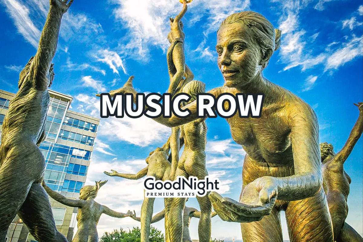 Large bronze sculptures set against a blue sky and urban buildings, likely referencing the vibrant art and music scene on Music Row. The scene features inviting public spaces, perfect for a walking tour or photo opportunity.